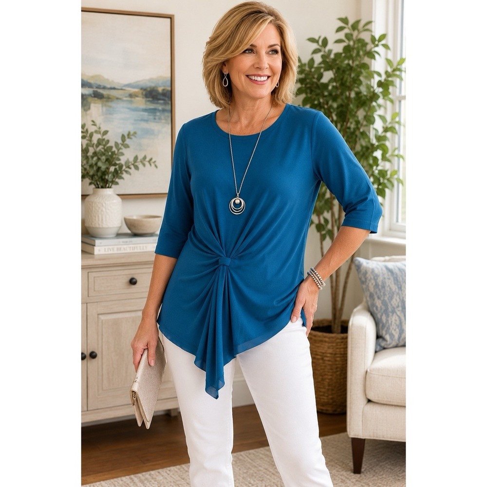 Chicos Size 1 Blue Asymmetrical Twist Front Too 3/4‎ Sleeve Stretch Knit